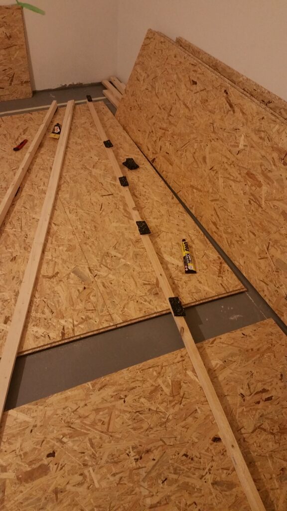 Die Leisten, welche ich unter die Platten schraube. Mit Teilen einer Waschmaschinen-Unterstell-Gummimatte beklebt.